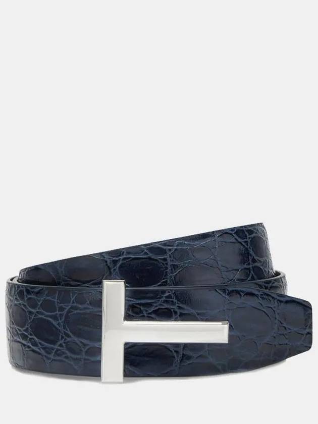 T Logo Crocodile Leather Belt Dark Navy - TOM FORD - BALAAN 3