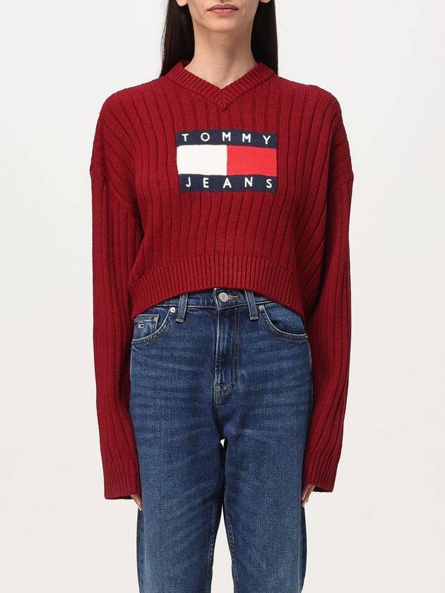 Flag V Neck Cropped Knit Top Red - TOMMY HILFIGER - BALAAN 2