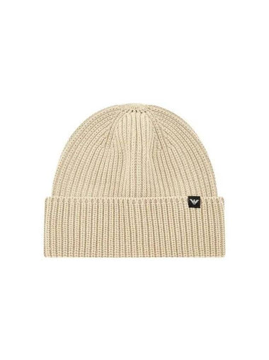 Men s Eagle Label Chunky Ribbed Beanie Beige - EMPORIO ARMANI - BALAAN 1