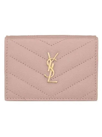 Monogram Quilted Mini Half Wallet Pale Pink - SAINT LAURENT - BALAAN 1