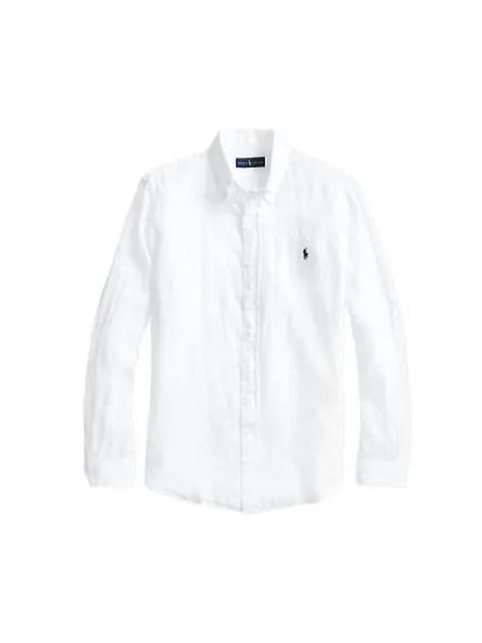 Men's Blue Pony Embroidery Linen Slim Fit Long Sleeve Shirt White - POLO RALPH LAUREN - BALAAN 2