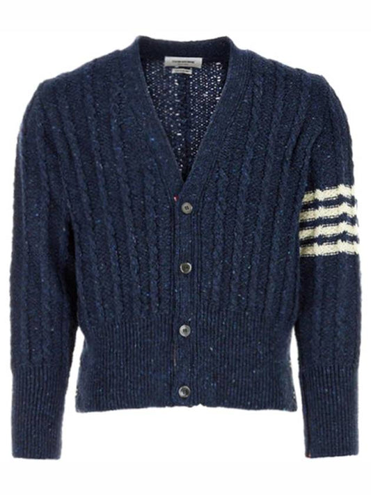 Donegal Twist Cable 4 Bar Classic V Neck Cardigan Blue - THOM BROWNE - BALAAN 2