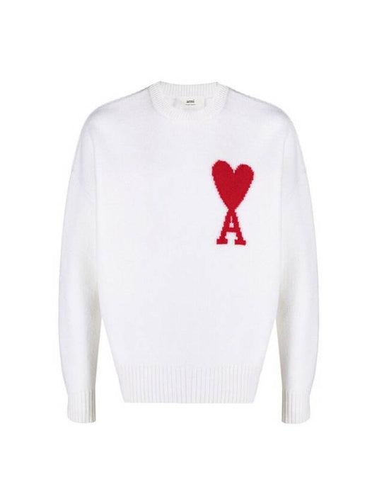 Men's Big Heart Logo Wool Knit White - AMI - BALAAN.