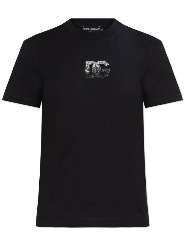 Dolce & Gabbana T-shirt With A Logo Finished With Shimmering Crystals, Women's, Black - DOLCE&GABBANA - BALAAN 1