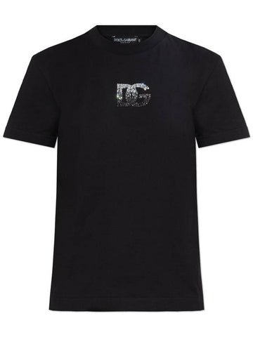 Dolce & Gabbana T-shirt With A Logo Finished With Shimmering Crystals, Women's, Black - DOLCE&GABBANA - BALAAN 1