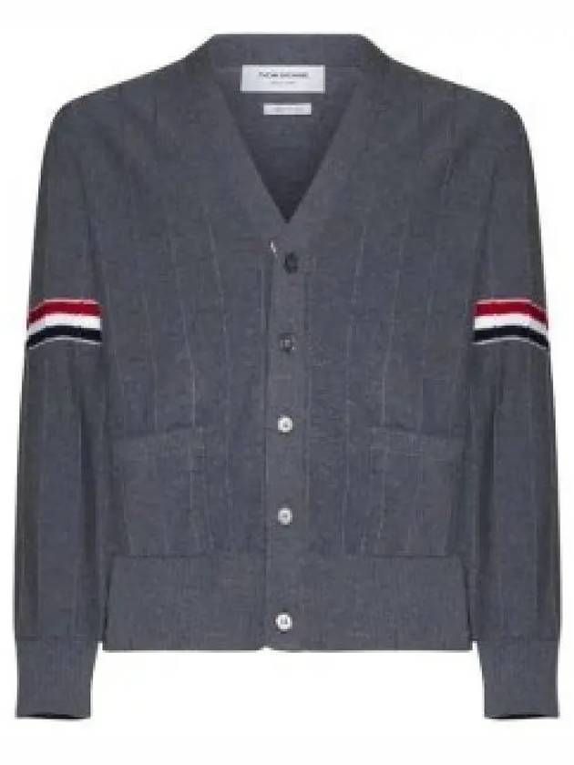 RWB V-neck Striped Virgin Wool Cardigan Grey - THOM BROWNE - BALAAN 2