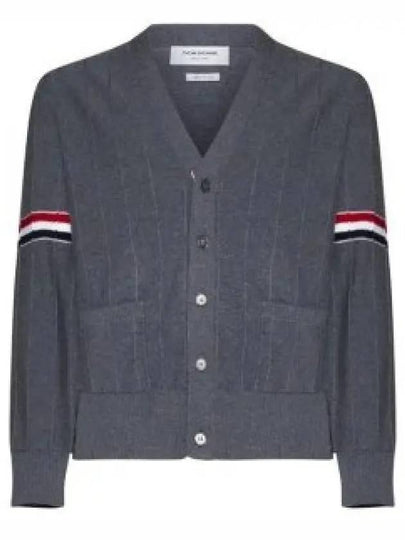 RWB V-neck Striped Virgin Wool Cardigan Grey - THOM BROWNE - BALAAN 2