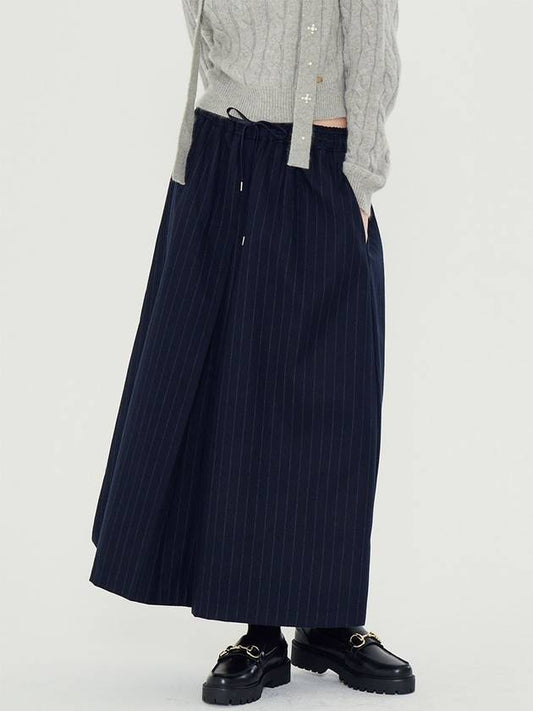 Women's Striped Wool Flare A-Line Skirt Navy - METAPHER - BALAAN 2