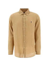 Embroidered Logo Linen Long Sleeve Shirt Brown - POLO RALPH LAUREN - BALAAN 2