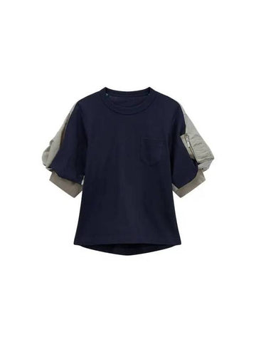 Women s Twill Mix Volume T Shirt Navy - SACAI - BALAAN 1