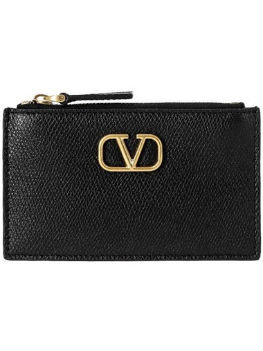 V Logo Signature Leather Card Wallet Black - VALENTINO - BALAAN 1