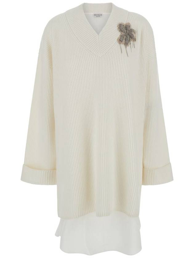 White Short Dress With Beaded Decoration In Cashmere Woman - BRUNELLO CUCINELLI - BALAAN 1