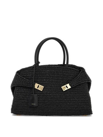 Hug Gancini Medium Raffia Tote Bag Black - SALVATORE FERRAGAMO - BALAAN 1