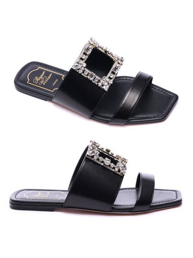 Broche Buckle Leather Flat Slippers Black - ROGER VIVIER - BALAAN 1