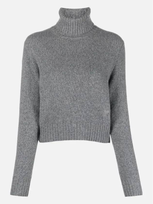 Embroidered Logo Cashmere Wool Turtleneck Grey - AMI - BALAAN 3