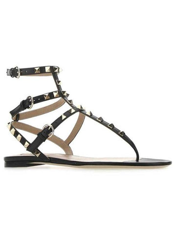 Rockstud Flat Sandals Black - VALENTINO - BALAAN 1