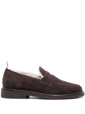 Shearling Lining Suede Penny Loafers Brown - THOM BROWNE - BALAAN 1