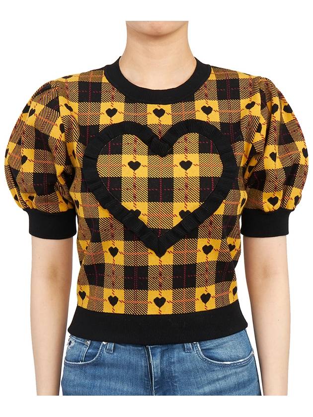 Heart Plaid Print Short Sleeve Knit Top Yellow - ALESSANDRA RICH - BALAAN 2