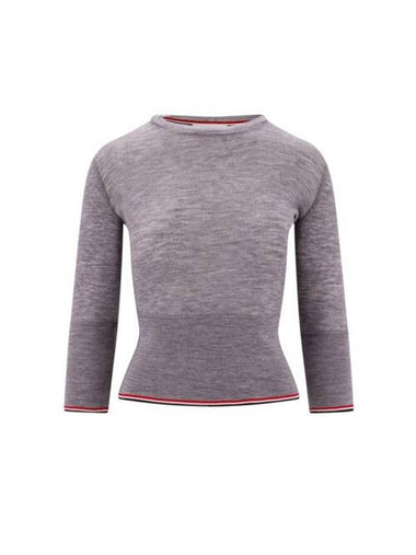 Women's Wool Rib 3/4 Sleeve Crew Neck Pullover Knit Top Light Gray - THOM BROWNE - BALAAN 1