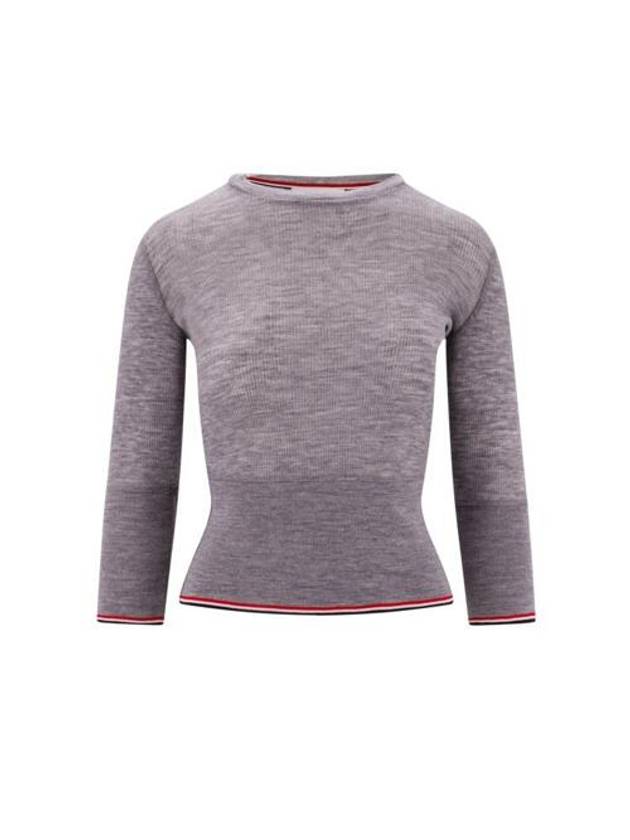 Women's Wool Rib 3/4 Sleeve Crew Neck Pullover Knit Top Light Gray - THOM BROWNE - BALAAN 1