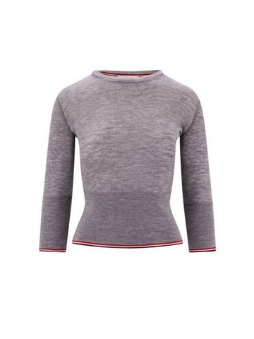 Women's Wool Rib 3/4 Sleeve Crew Neck Pullover Knit Top Light Gray - THOM BROWNE - BALAAN 1