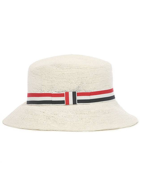 Rattan Three Stripes RWB Straw Bucket Hat White - THOM BROWNE - BALAAN.