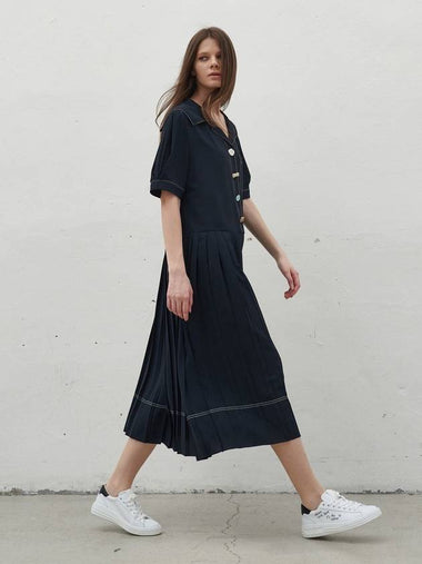 Sailor Stitch Pleated Long Dress Navy - MITTE - BALAAN 1