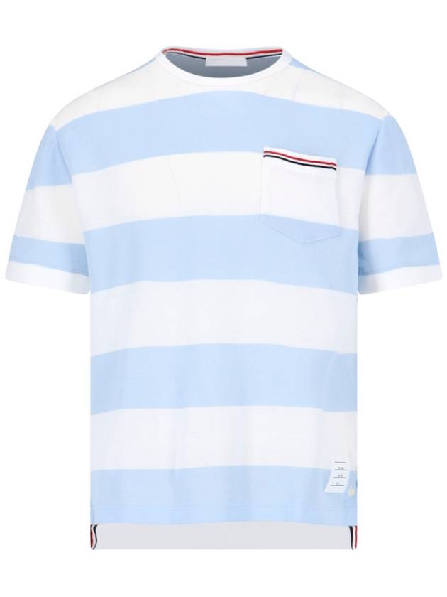 Men's Rugby Striped Pick Pocket Short Sleeve T-Shirt Light Blue White - THOM BROWNE - BALAAN 2