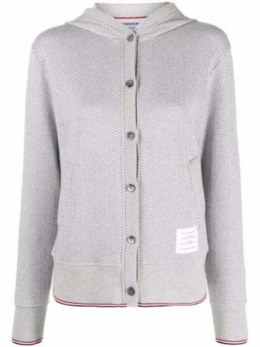 Women's Herringbone Tipping Hooded Cotton Cardigan Gray White - THOM BROWNE - BALAAN.