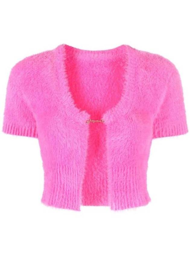 La Maile Neve Logo Charm Fluffy Crop Cardigan Pink - JACQUEMUS - BALAAN 2