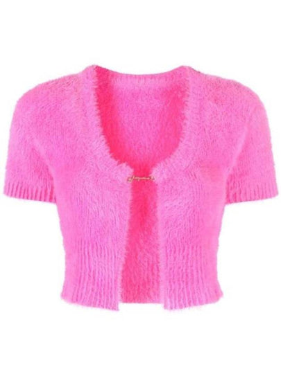 La Maile Neve Logo Charm Fluffy Crop Cardigan Pink - JACQUEMUS - BALAAN 2