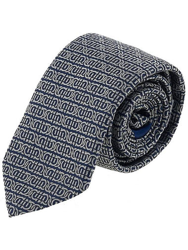 Men's Gancini Silk Jacquard Tie 35 0942 F NAVY AVORI 0768408 - SALVATORE FERRAGAMO - BALAAN 1