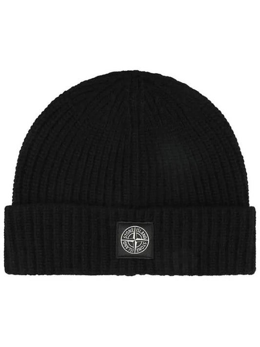 Logo Patch Rib Wool Beanie Black - STONE ISLAND - BALAAN 2