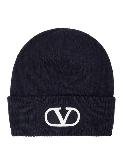 V Logo Turn-Up Wool Beanie Navy - VALENTINO - BALAAN 2