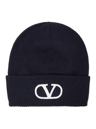 V Logo Turn-Up Wool Beanie Navy - VALENTINO - BALAAN 1