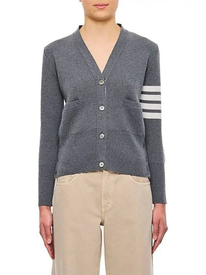 Milano Stitch 4 Bar Classic V Neck Fine Merino Wool Cardigan Medium Grey - THOM BROWNE - BALAAN 2