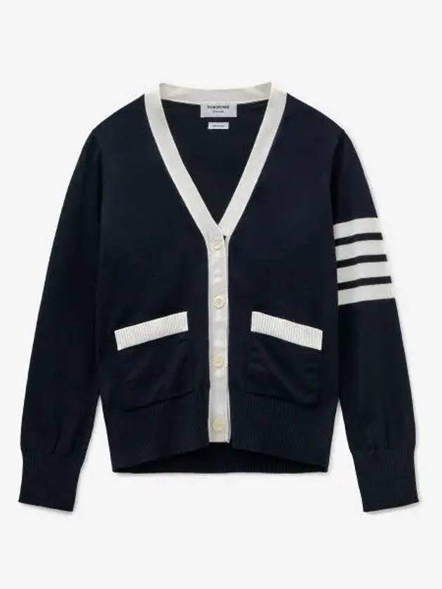 Cotton Hector Pointelle 4 Bar V Neck Cardigan Navy - THOM BROWNE - BALAAN 2