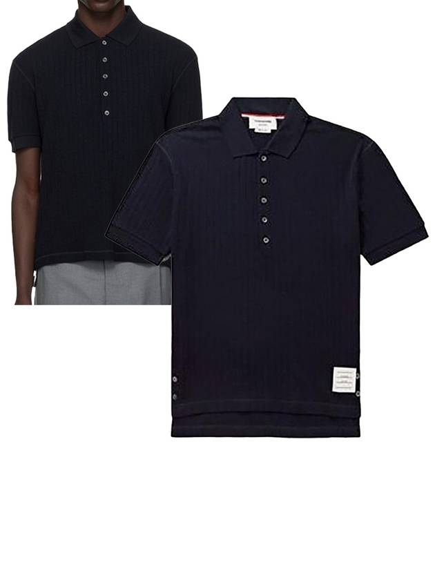 RWB Button Ribbed Polo Wool Knit Top Grey - THOM BROWNE - BALAAN 2