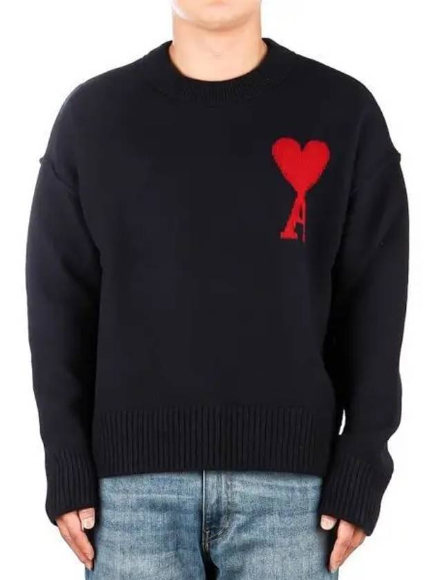 Big Heart Logo Wool Knit Top Navy - AMI - BALAAN 2