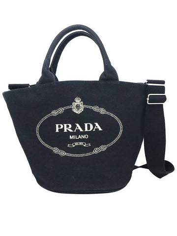 Prada 1BG163 Black Canapa Canvas Milan Logo Tote 2WAY - PRADA - BALAAN 1