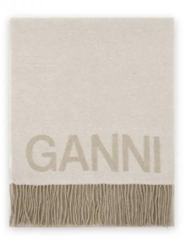 Logo Print Fringe Wool Muffler Beige - GANNI - BALAAN 2