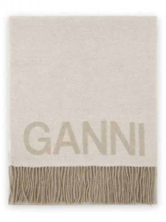 Logo Print Fringe Wool Muffler Beige - GANNI - BALAAN 2