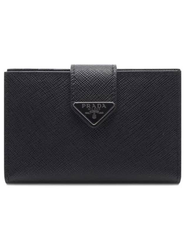 Triangle Logo Saffiano Flap Card Wallet Black - PRADA - BALAAN 2