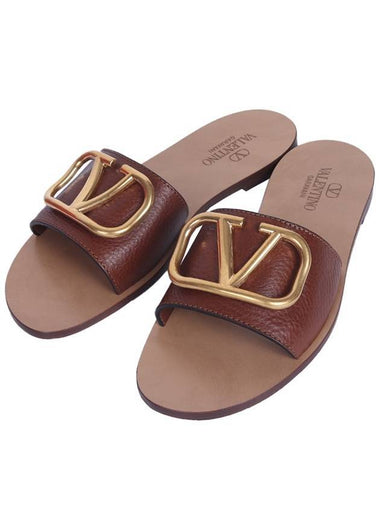 V Logo Signature Leather Slippers Brown - VALENTINO - BALAAN 1