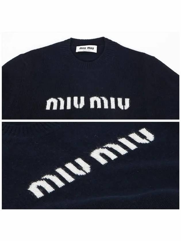 Print Logo Crop Wool Cashmere Knit Top Navy - MIU MIU - BALAAN 6