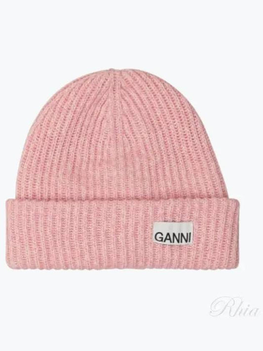 Logo Patch Knit Beanie Pink - GANNI - BALAAN 2
