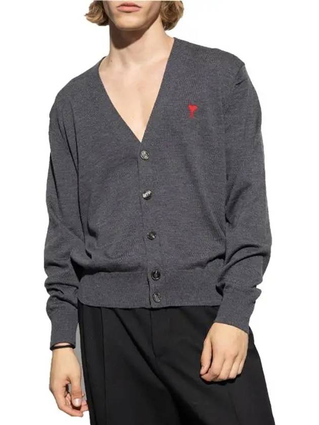 Red Heart Logo Merino Wool Cardigan Heather Grey - AMI - BALAAN 4