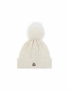 Logo Patch Pom Pom Fur Cashmere Beanie White - MONCLER - BALAAN.