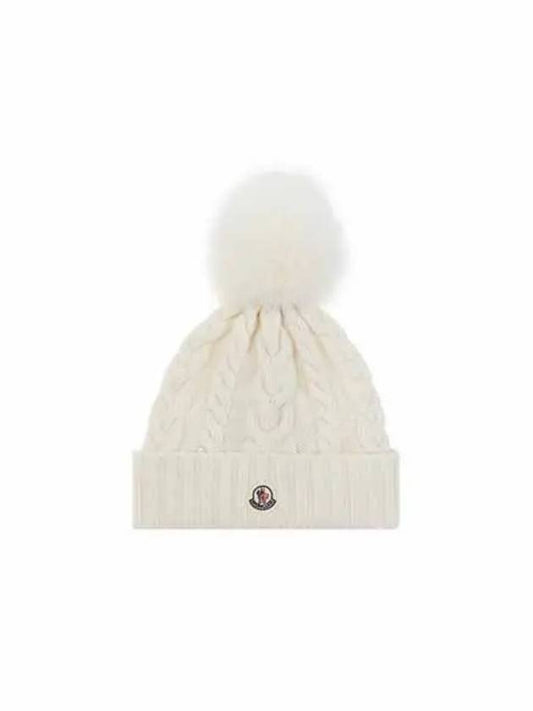 Logo Patch Pom Pom Fur Cashmere Beanie White - MONCLER - BALAAN.