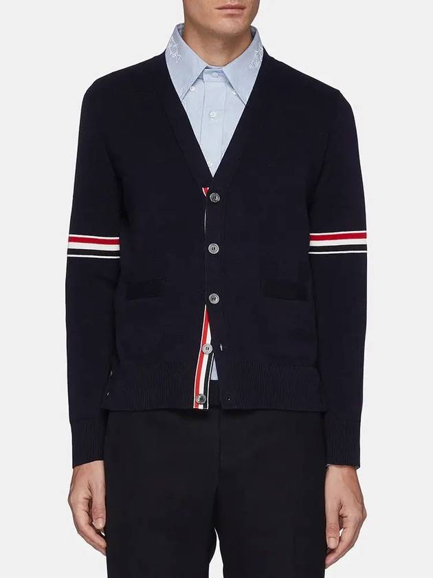 RWB V-neck Striped Virgin Wool Cardigan Navy - THOM BROWNE - BALAAN 2